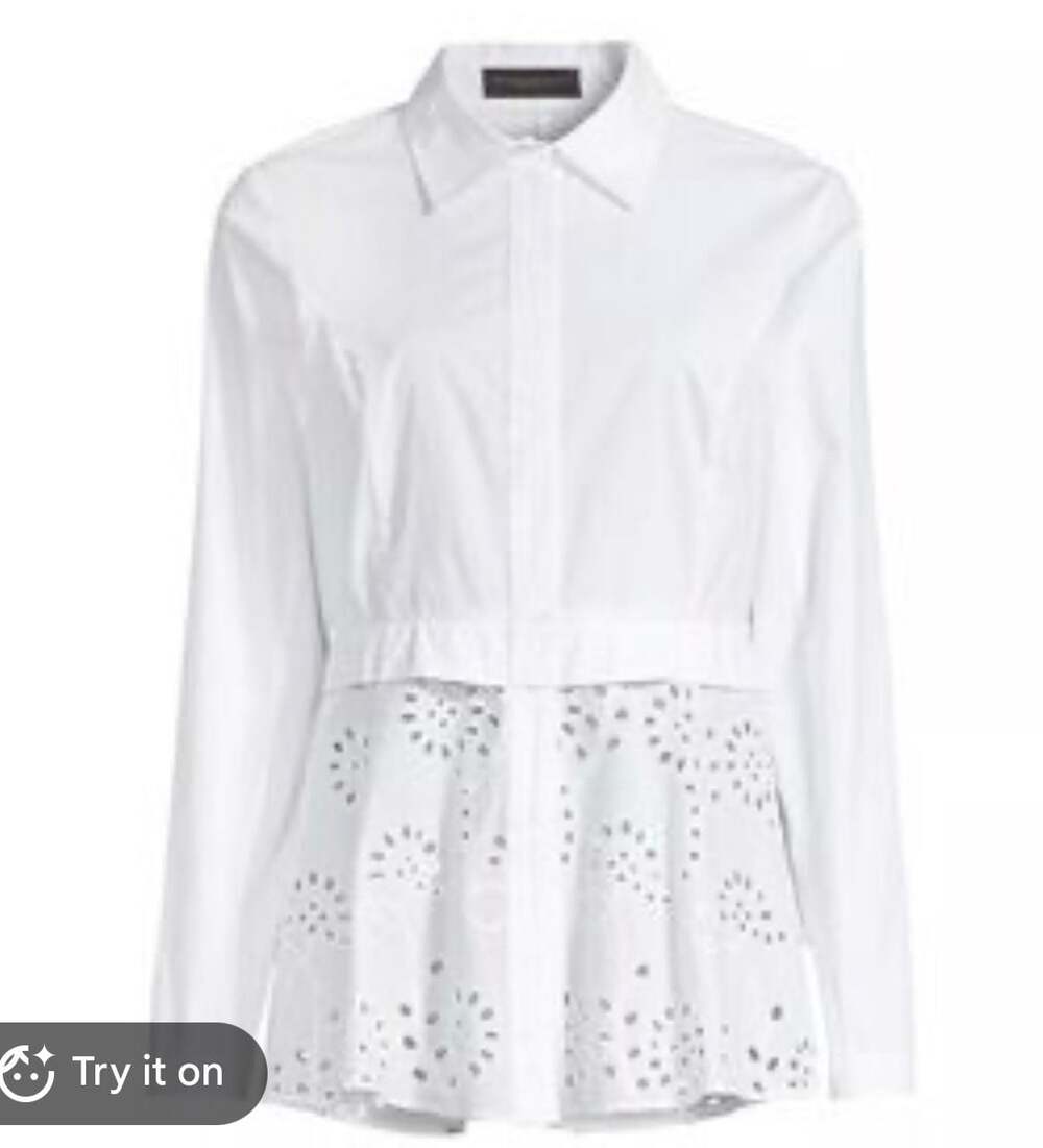 Donna Karan Women's White Long Sleeve Zip-Up Eyelet Hem Shirt blouse M NEW